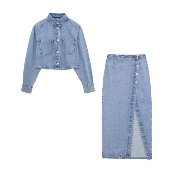 Summer Women  Short Denim Jacket Coat Mid Length Skirt Set - Image 3