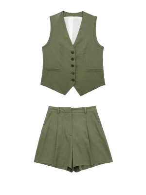 Summer V neck Solid Color Single Breasted Vest High Waist Wide Leg Pants Shorts Suit