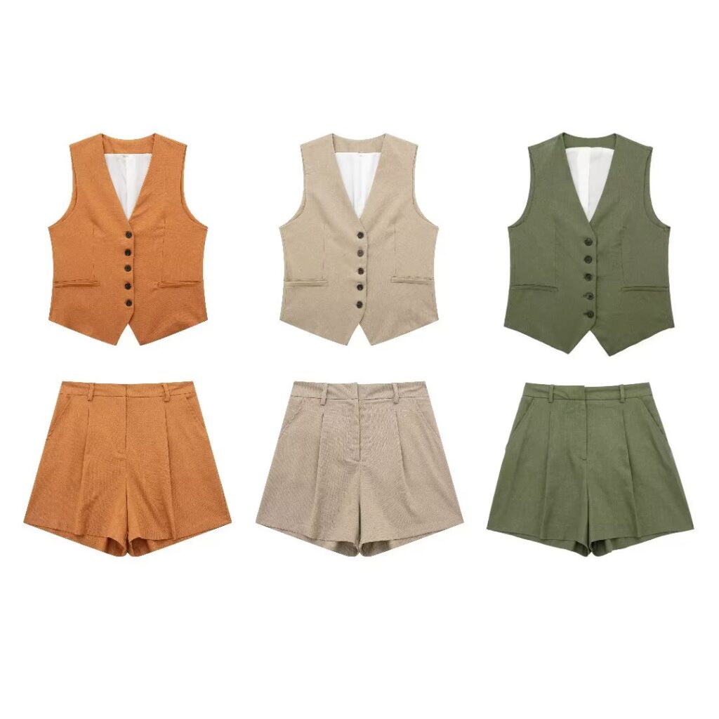 Summer V neck Solid Color Single Breasted Vest High Waist Wide Leg Pants Shorts Suit - Image 2