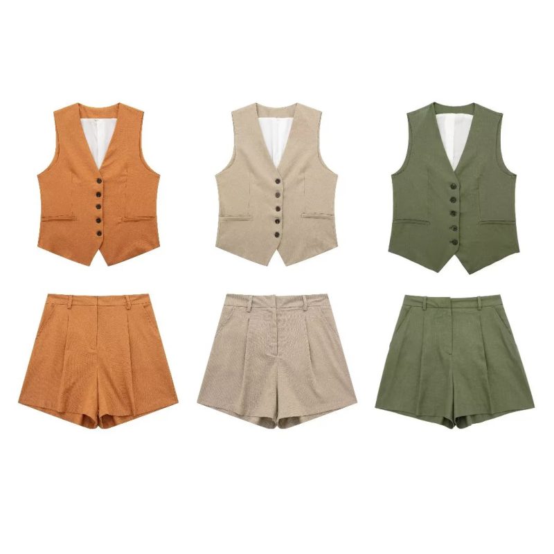 Summer V neck Solid Color Single Breasted Vest High Waist Wide Leg Pants Shorts Suit - Image 2