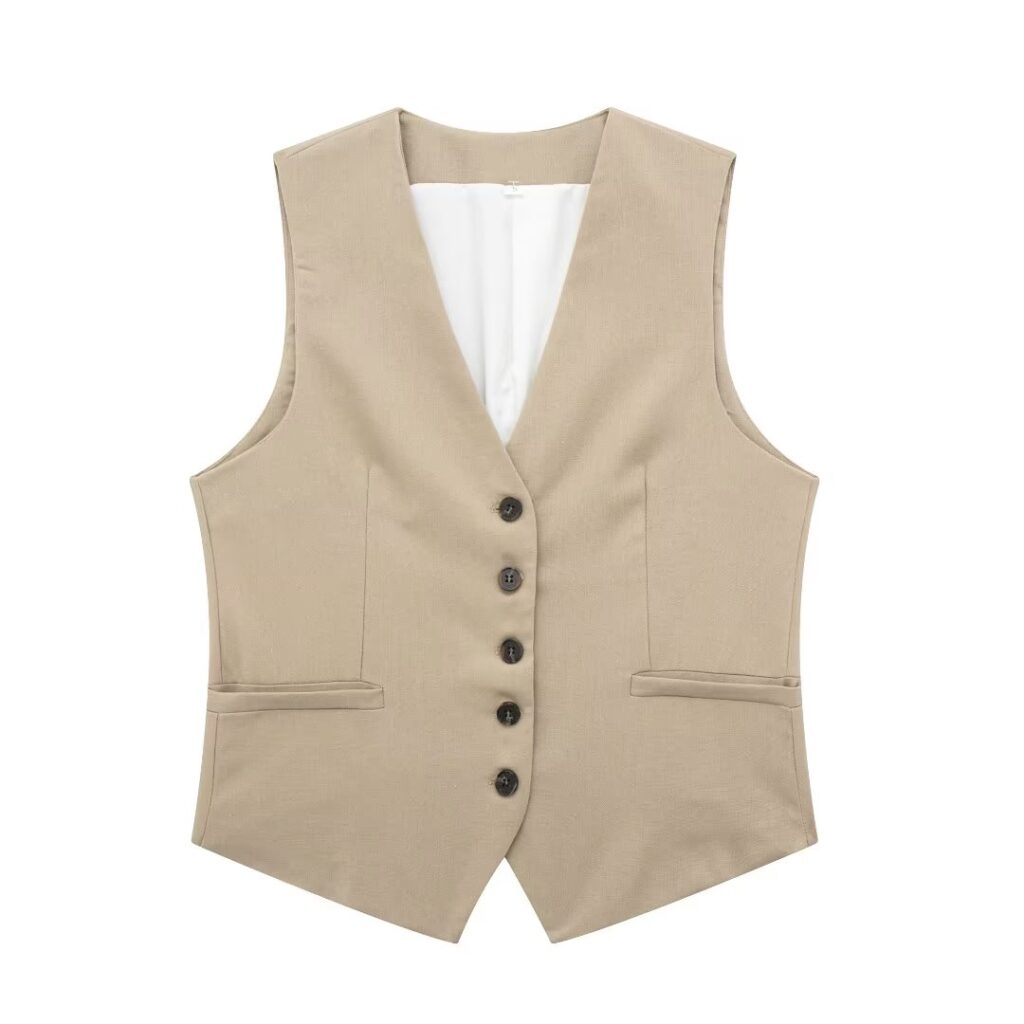 Summer V neck Solid Color Single Breasted Vest High Waist Wide Leg Pants Shorts Suit - Image 3