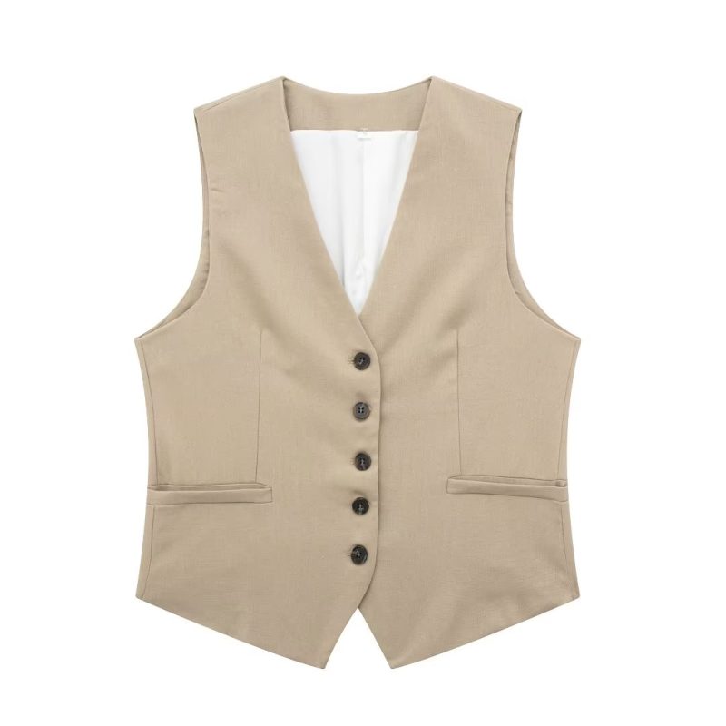 Summer V neck Solid Color Single Breasted Vest High Waist Wide Leg Pants Shorts Suit - Image 3