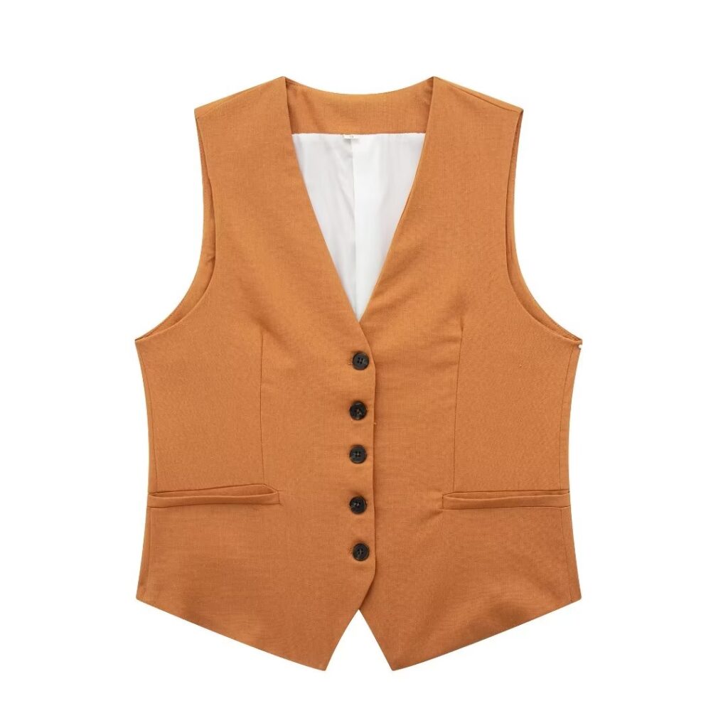 Summer V neck Solid Color Single Breasted Vest High Waist Wide Leg Pants Shorts Suit - Image 9