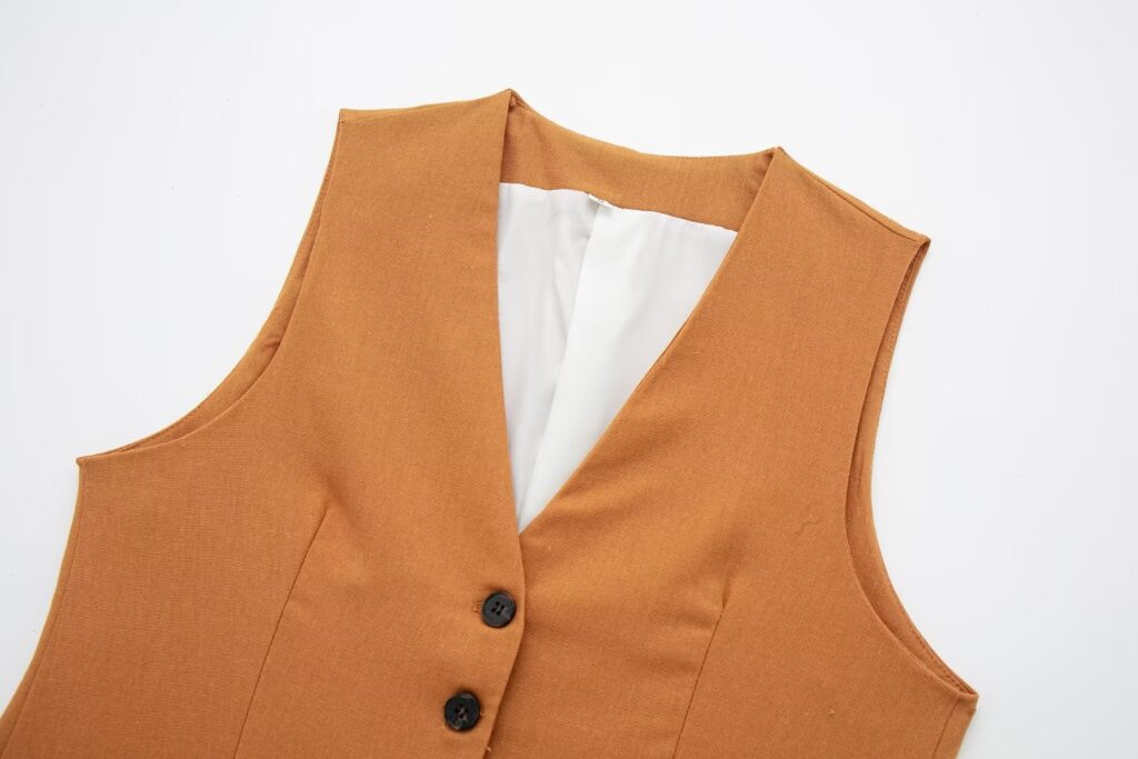 Summer V neck Solid Color Single Breasted Vest High Waist Wide Leg Pants Shorts Suit - Image 10