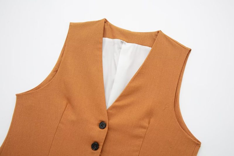 Summer V neck Solid Color Single Breasted Vest High Waist Wide Leg Pants Shorts Suit - Image 10