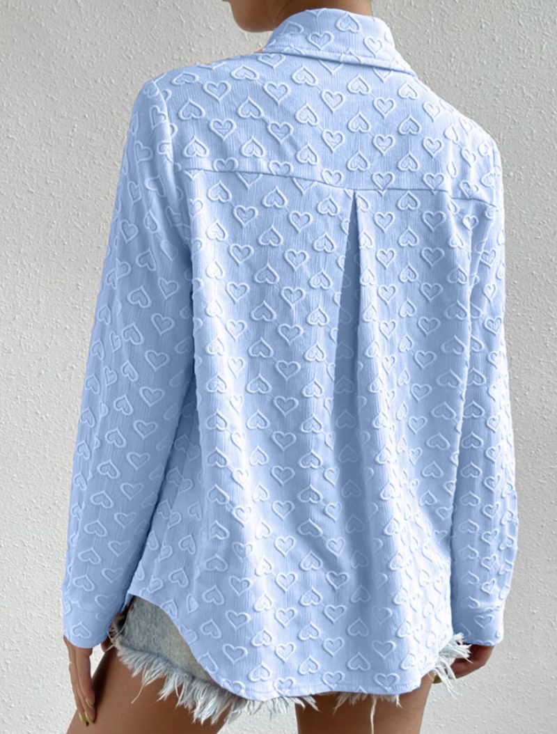 Early Autumn Women Wear Long Sleeve Collared Shirt Heart Shaped Jacquard Cardigan Casual Top - Image 3