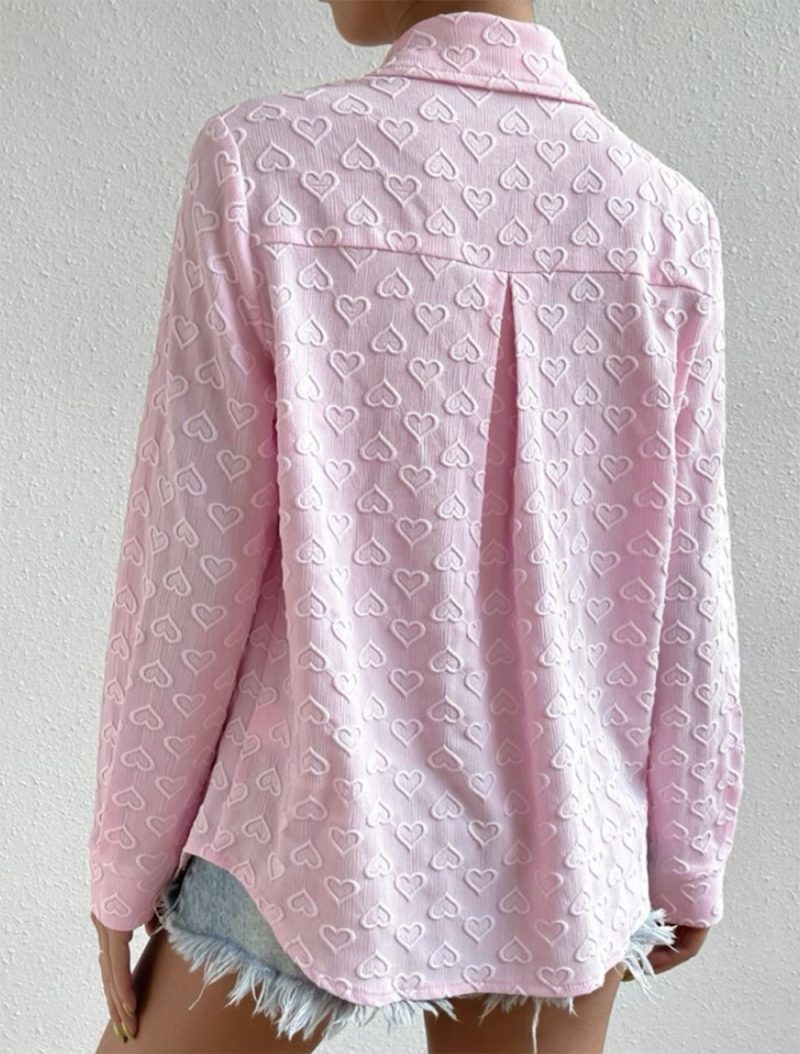 Early Autumn Women Wear Long Sleeve Collared Shirt Heart Shaped Jacquard Cardigan Casual Top - Image 8
