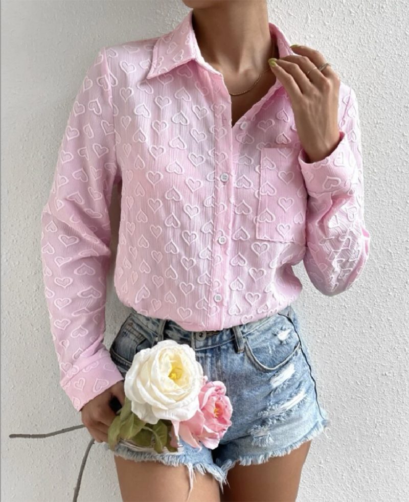 Early Autumn Women Wear Long Sleeve Collared Shirt Heart Shaped Jacquard Cardigan Casual Top - Image 9