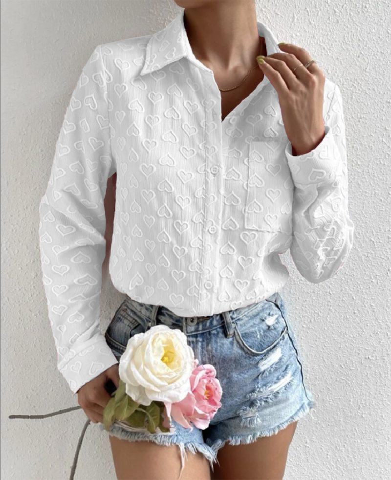 Early Autumn Women Wear Long Sleeve Collared Shirt Heart Shaped Jacquard Cardigan Casual Top - Image 11