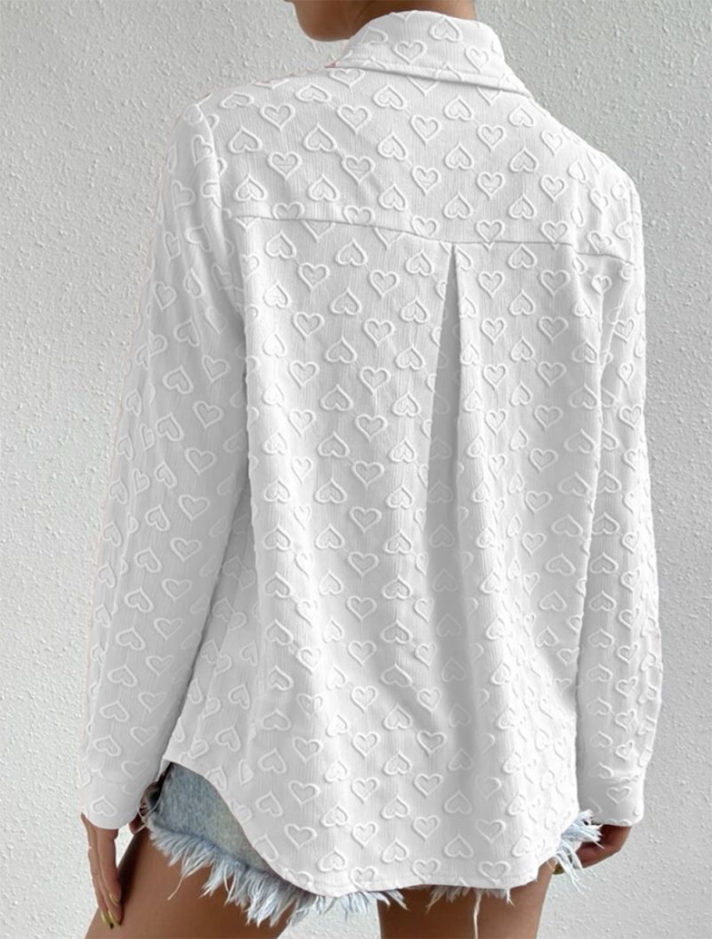 Early Autumn Women Wear Long Sleeve Collared Shirt Heart Shaped Jacquard Cardigan Casual Top - Image 15