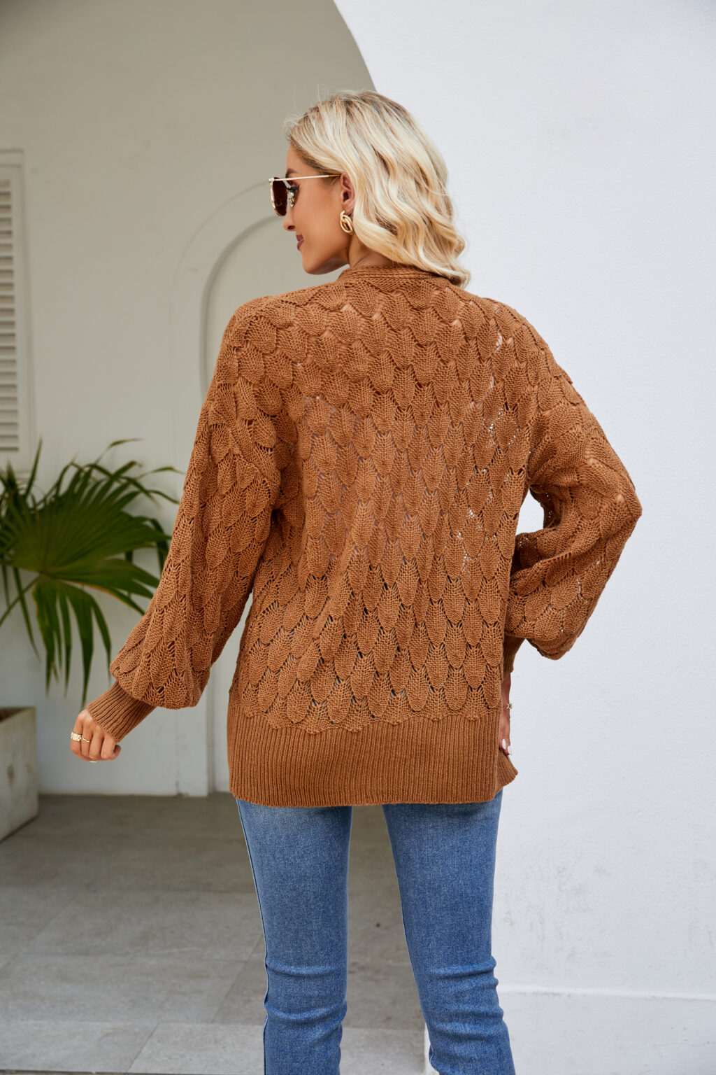 Loose Lazy Mid Length Sweater Coat Women Clothing Design Hollow Out Cutout Out Knitted Sweater Cardigan - Image 4