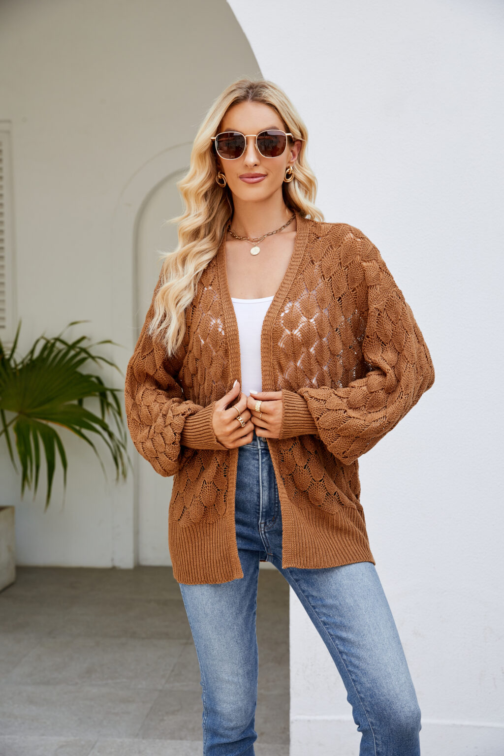 Loose Lazy Mid Length Sweater Coat Women Clothing Design Hollow Out Cutout Out Knitted Sweater Cardigan - Image 5