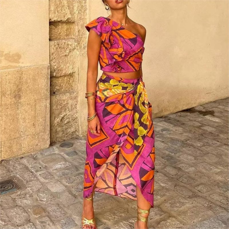 Women Summer Asymmetric Print Top Set