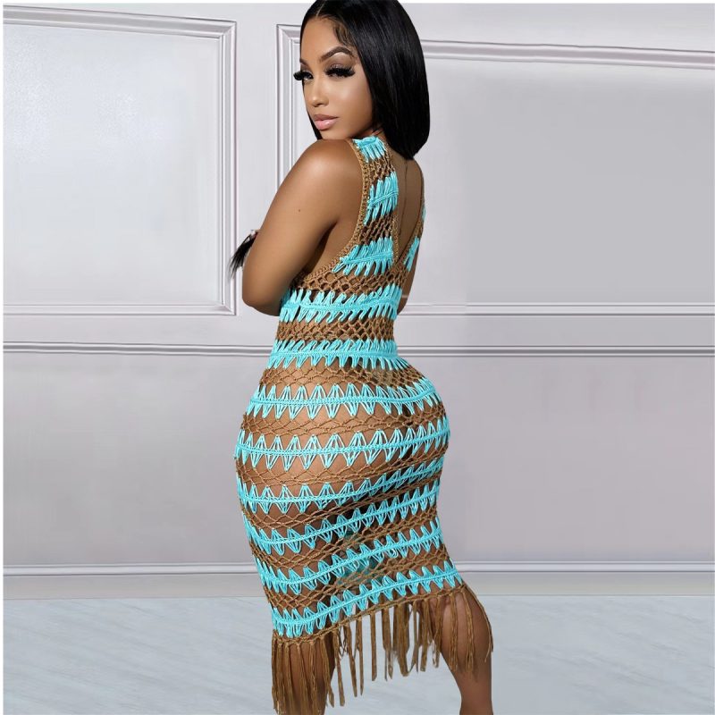 Sexy Sleeveless Knitted Crochet Tassel Beach Dress - Image 4