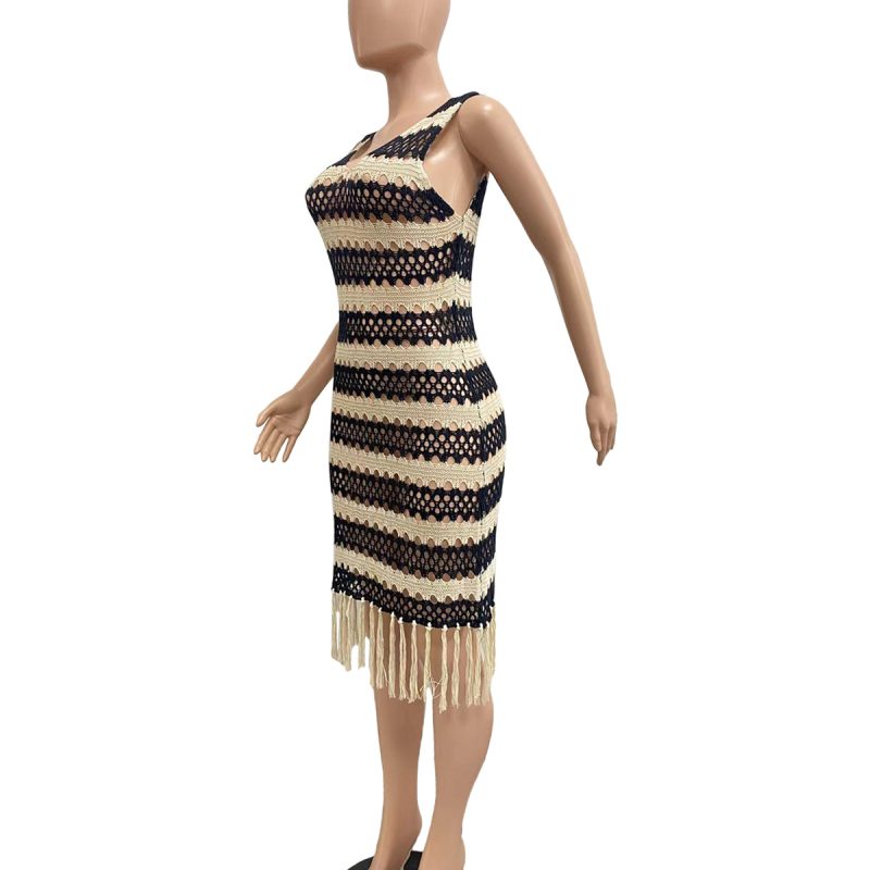 Sexy Sleeveless Knitted Crochet Tassel Beach Dress - Image 8