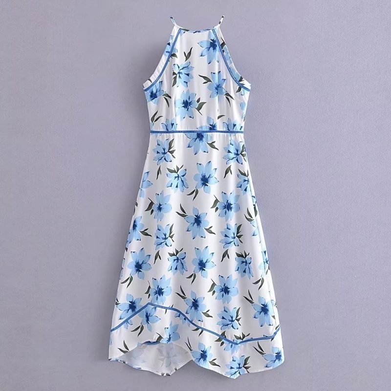 Summer Women Wear Printed Sleeveless Cold Shoulder Ribbon Stitching Irregular Asymmetric Hem Dress Boho Summer Outfits - Image 3