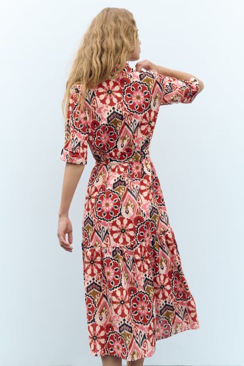 Spring Women Clothing Collared Print Waist Controlled Lace Up Dress Maxi Dress Boho Summer Outfits - Image 2