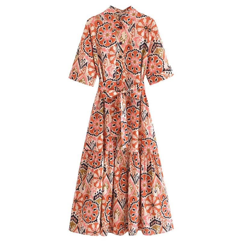 Spring Women Clothing Collared Print Waist Controlled Lace Up Dress Maxi Dress Boho Summer Outfits - Image 3