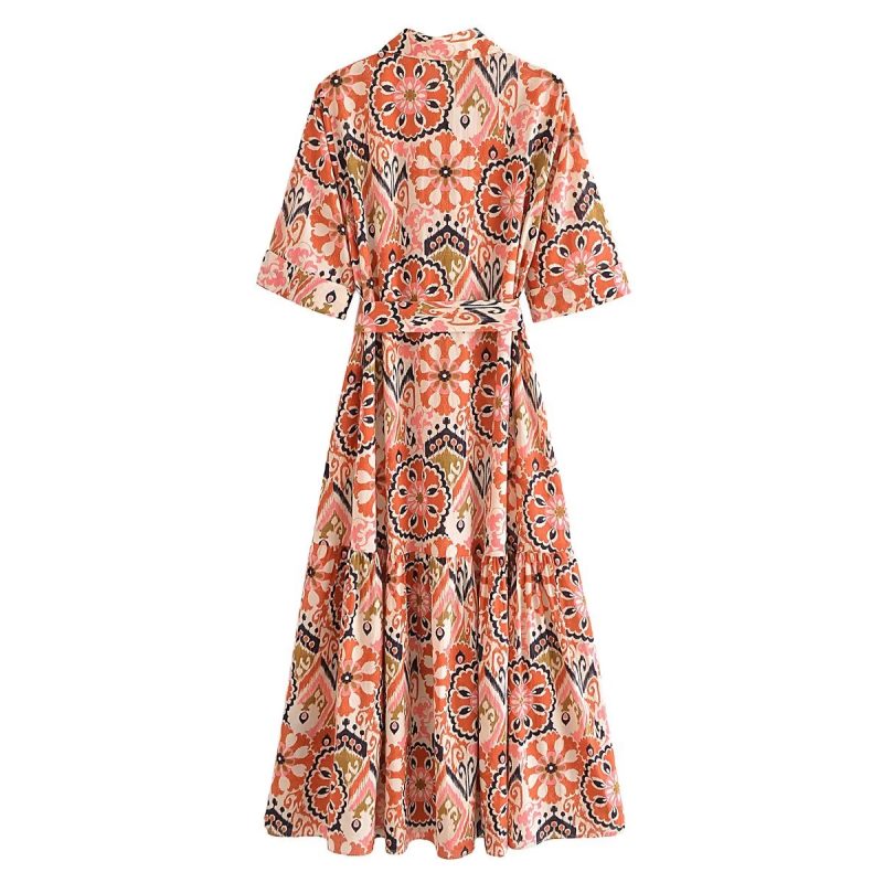 Spring Women Clothing Collared Print Waist Controlled Lace Up Dress Maxi Dress Boho Summer Outfits - Image 4