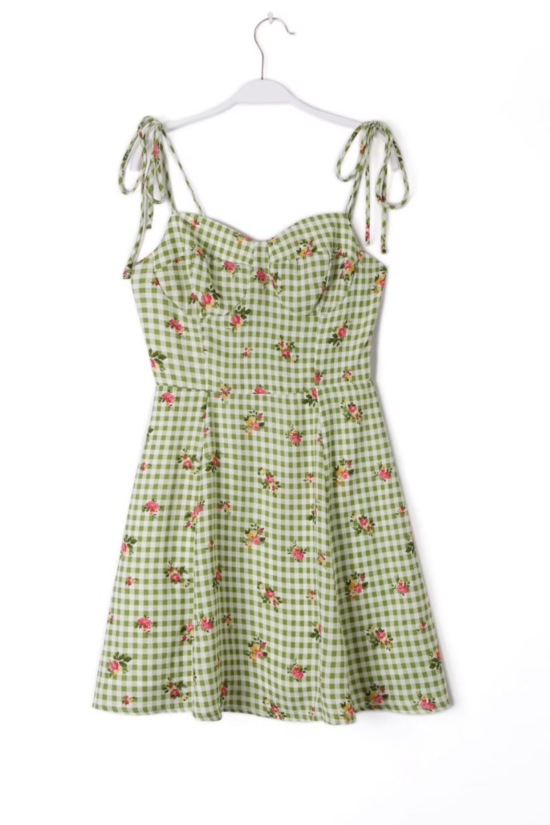 Seaside Beach Vacation Strap Mini Women Summer Backpack Lace up Slim Fit Printed Checks Dress Boho Summer Outfits