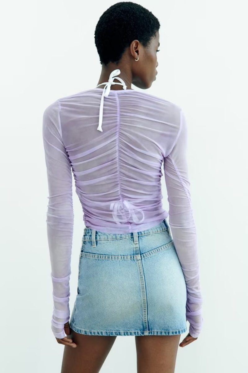 Summer V neck Long Sleeve Single Breasted Slim Fit Pleated Shirt for Women - Image 2