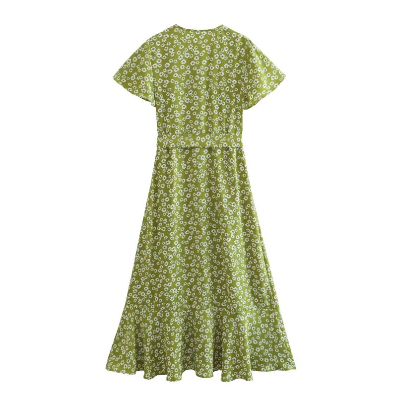 Summer Floral Design Tight Waist Puff Sleeve Midi Dress for Women - Image 2