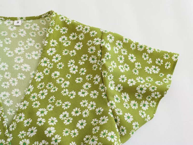 Summer Floral Design Tight Waist Puff Sleeve Midi Dress for Women - Image 5