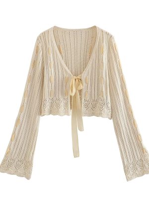 Summer Patchwork Knitted Coat Knotted Short Top