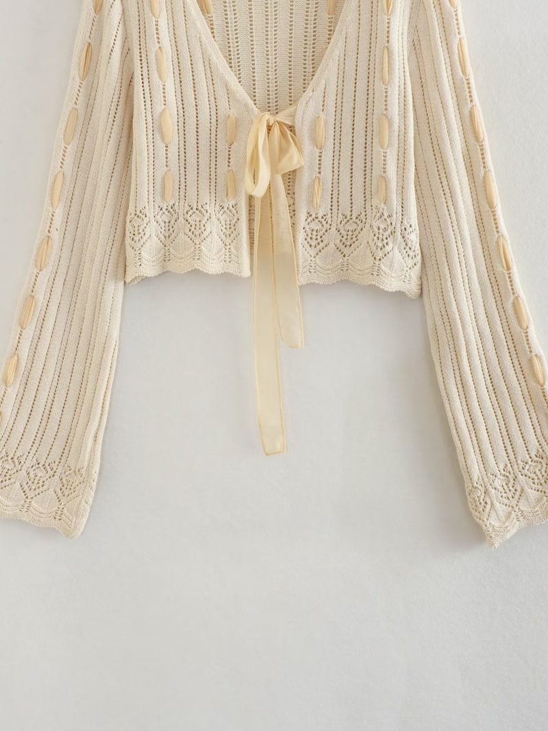 Summer Patchwork Knitted Coat Knotted Short Top - Image 8