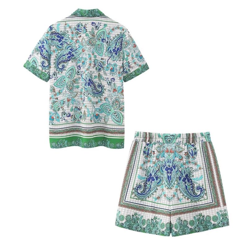 High Street Printed Shirt Suit Vintage Green Floral Full Printed Positioning Shirt Casual Cardigan Shorts Matching - Image 2