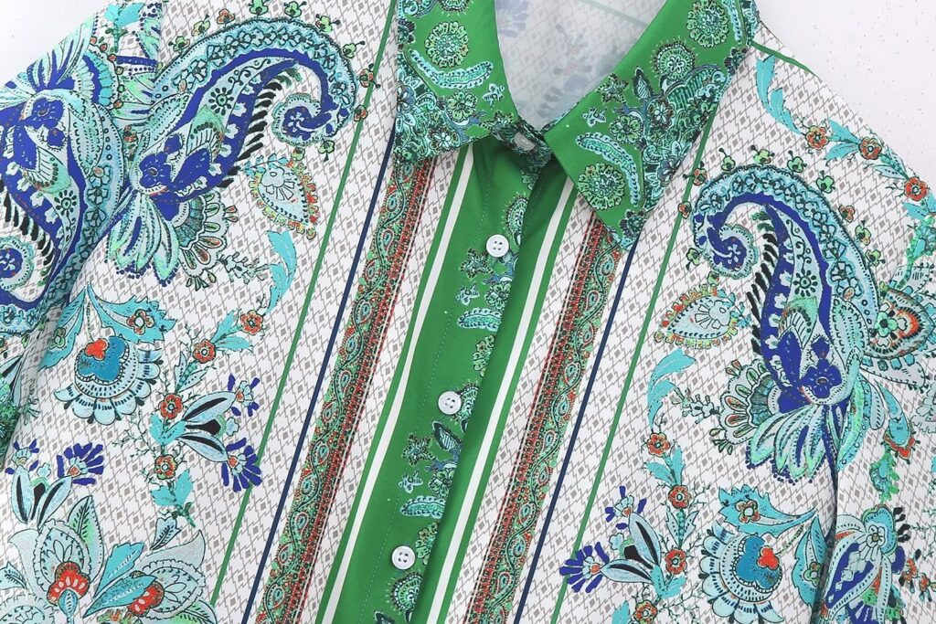 High Street Printed Shirt Suit Vintage Green Floral Full Printed Positioning Shirt Casual Cardigan Shorts Matching - Image 3