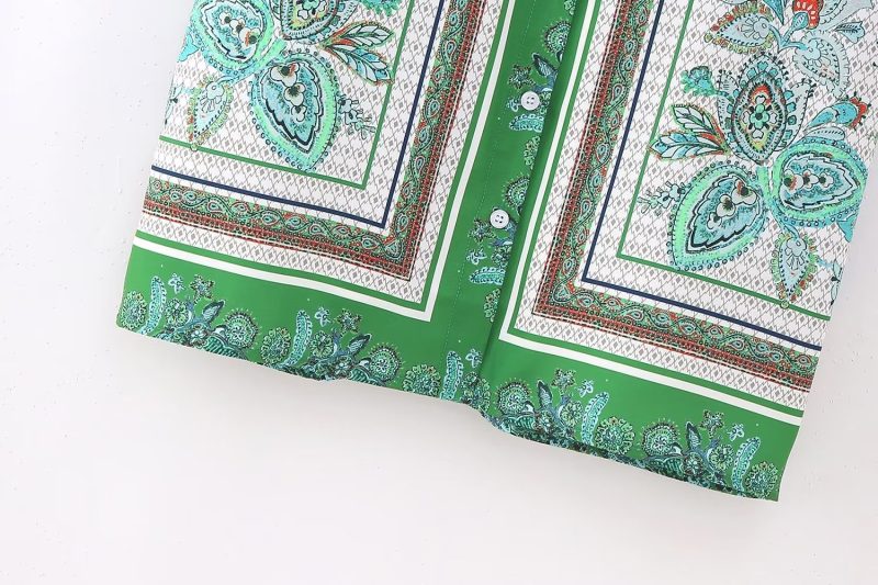 High Street Printed Shirt Suit Vintage Green Floral Full Printed Positioning Shirt Casual Cardigan Shorts Matching - Image 4
