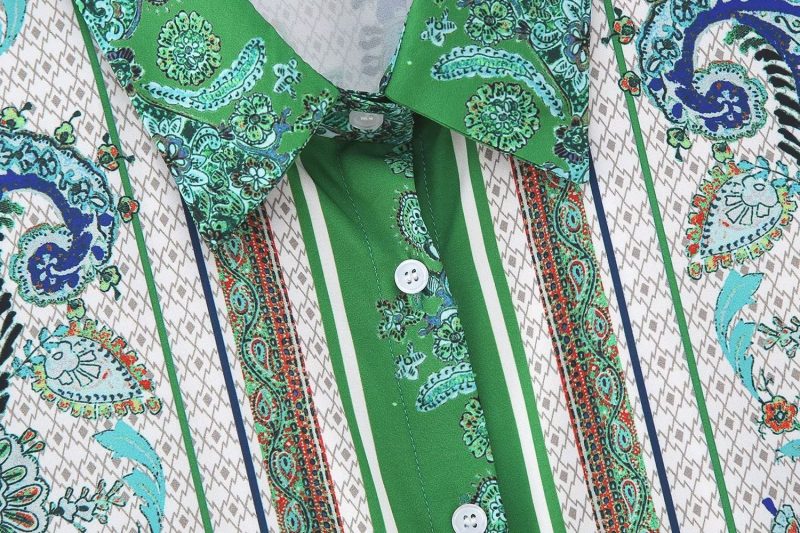 High Street Printed Shirt Suit Vintage Green Floral Full Printed Positioning Shirt Casual Cardigan Shorts Matching - Image 7
