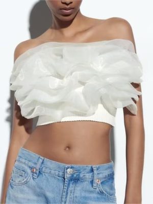 off the Shoulder Straight Collar Transparent Organza Laminated Decoration Rib Top