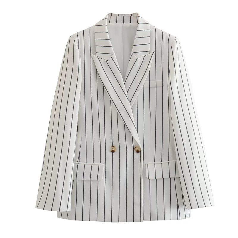 Spring Women High Waist Ptripe Work Pant Double Breasted Blazer - Image 2