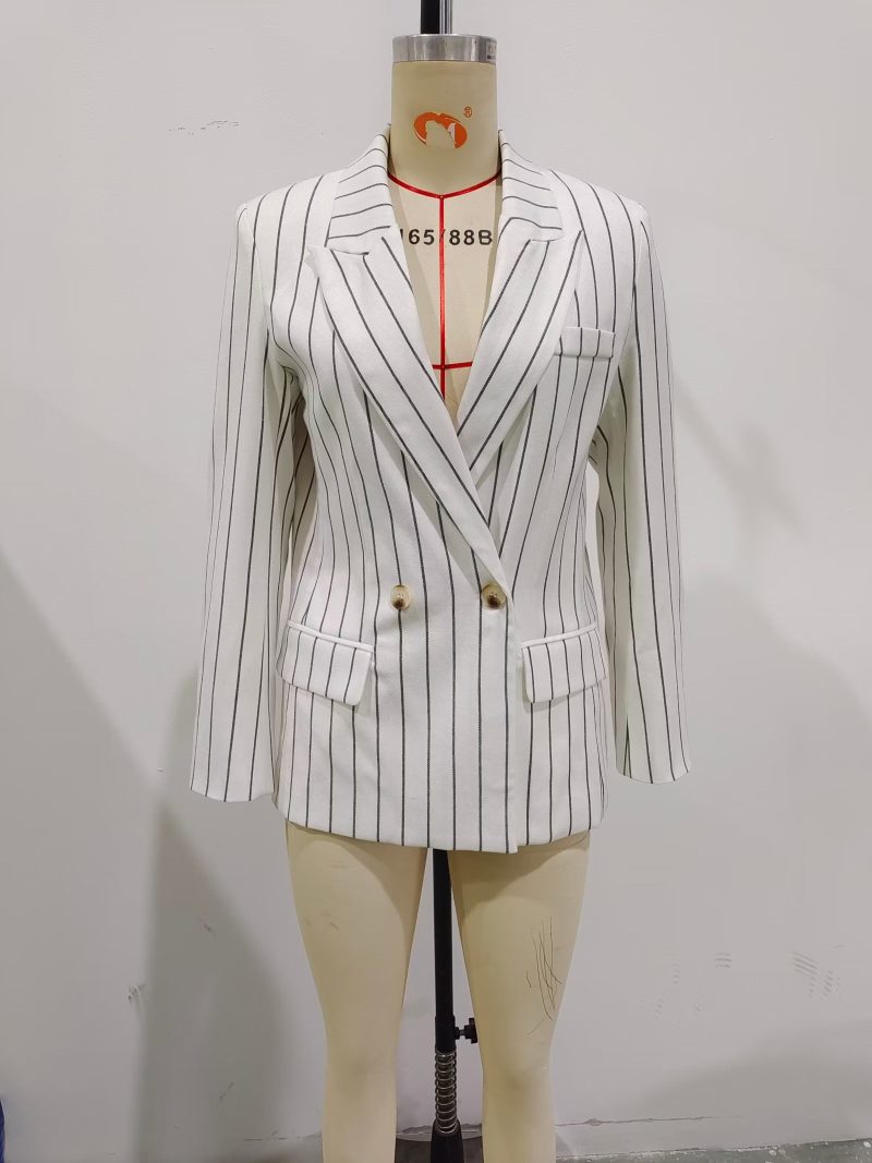 Spring Women High Waist Ptripe Work Pant Double Breasted Blazer - Image 4