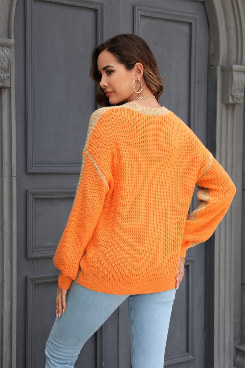 Autumn Casual Sweater Loose Crew Neck Two Colors Contrast Color Knitwear Top - Image 5