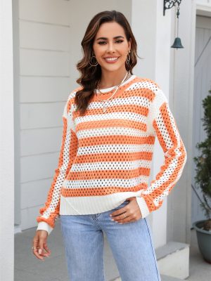 Early Autumn Women Hollow Out Cutout Striped Crew Neck Long Sleeves Knitwear Oversized Pullover