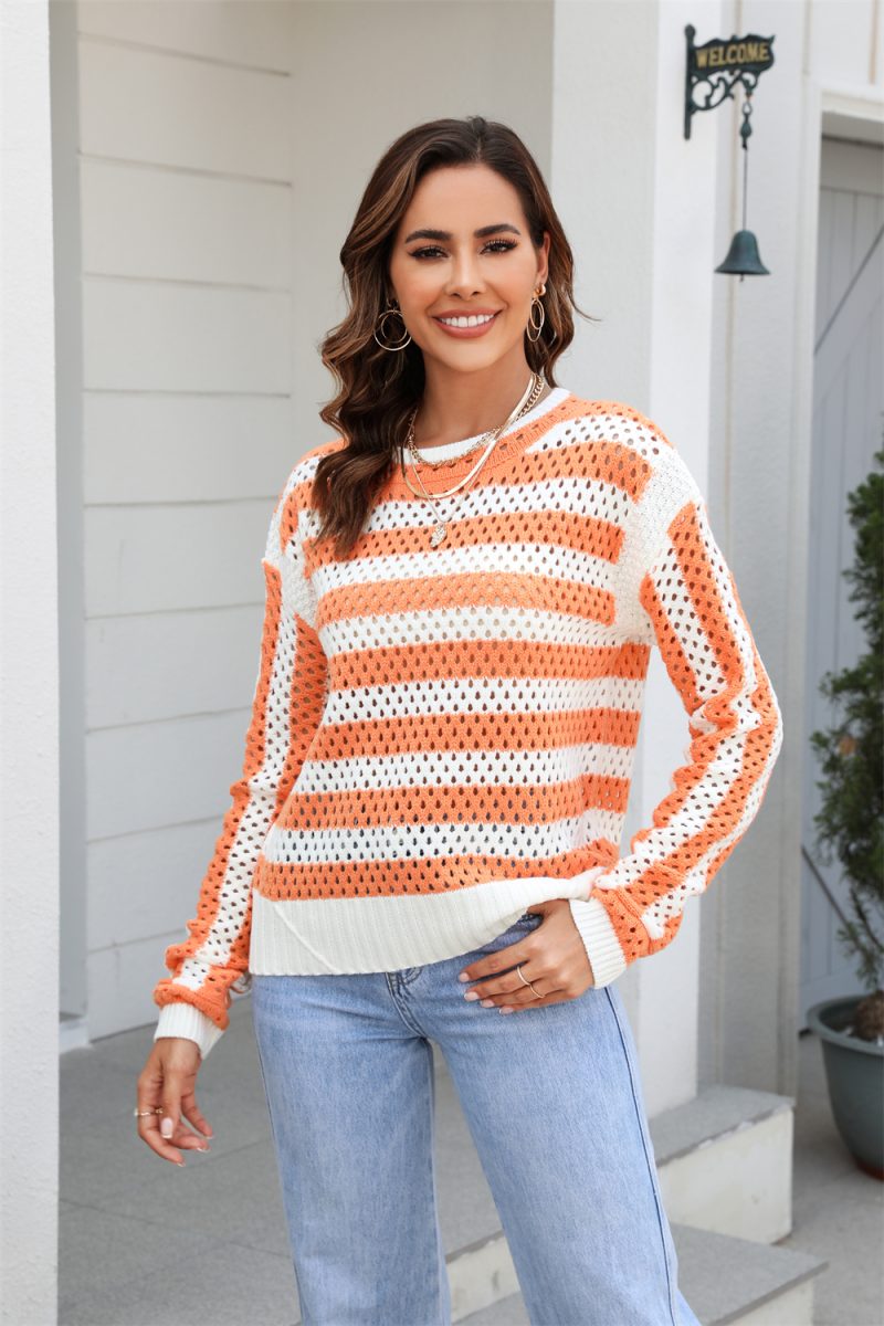 Early Autumn Women Hollow Out Cutout Striped Crew Neck Long Sleeves Knitwear Oversized Pullover