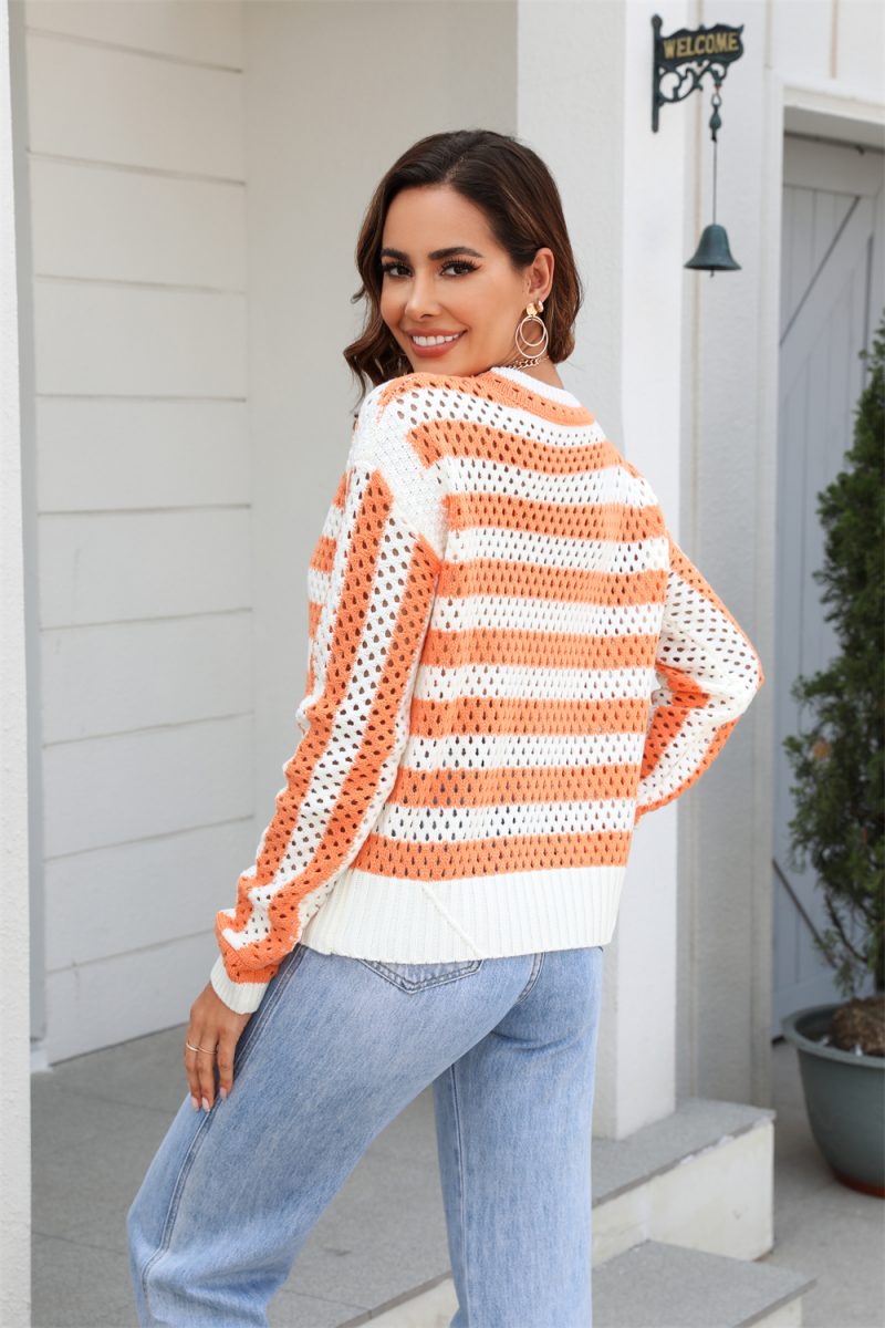 Early Autumn Women Hollow Out Cutout Striped Crew Neck Long Sleeves Knitwear Oversized Pullover - Image 2