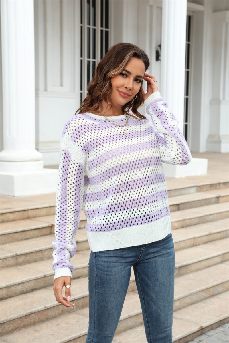 Early Autumn Women Hollow Out Cutout Striped Crew Neck Long Sleeves Knitwear Oversized Pullover - Image 4