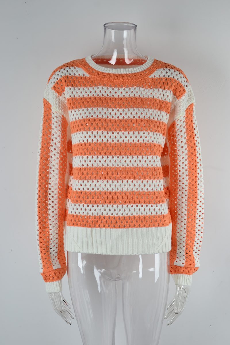 Early Autumn Women Hollow Out Cutout Striped Crew Neck Long Sleeves Knitwear Oversized Pullover - Image 8
