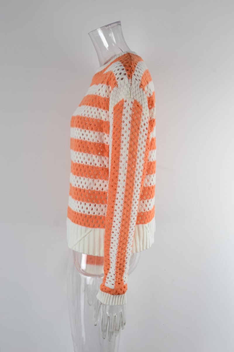 Early Autumn Women Hollow Out Cutout Striped Crew Neck Long Sleeves Knitwear Oversized Pullover - Image 10
