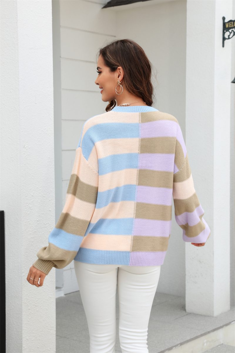 Fall Women Clothing Patchwork Stripes Contrast Color round Neck Knitwear Pullover Sweater - Image 4