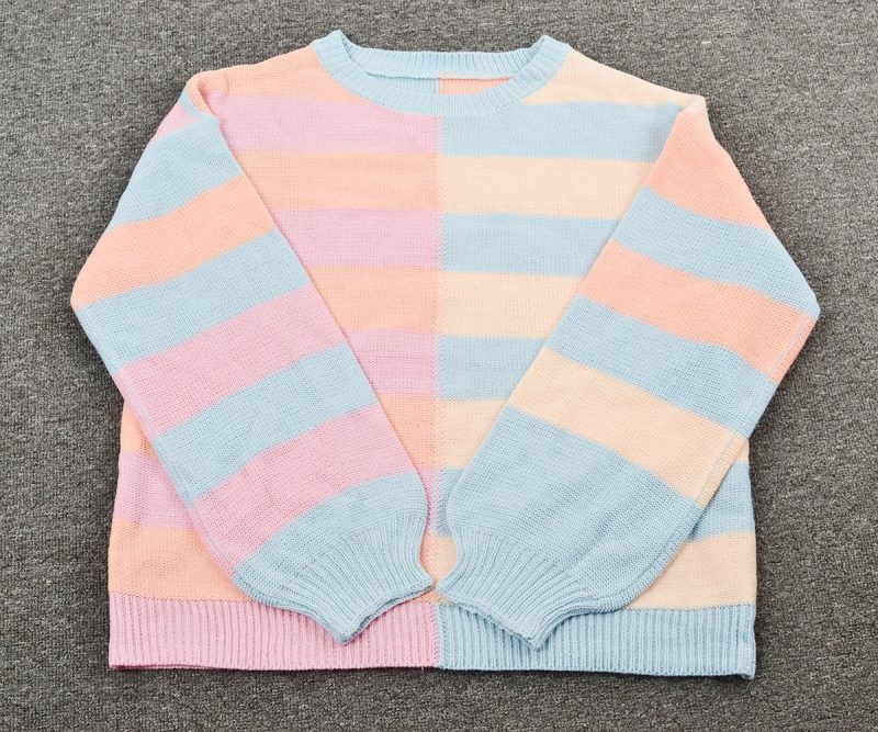 Fall Women Clothing Patchwork Stripes Contrast Color round Neck Knitwear Pullover Sweater - Image 7
