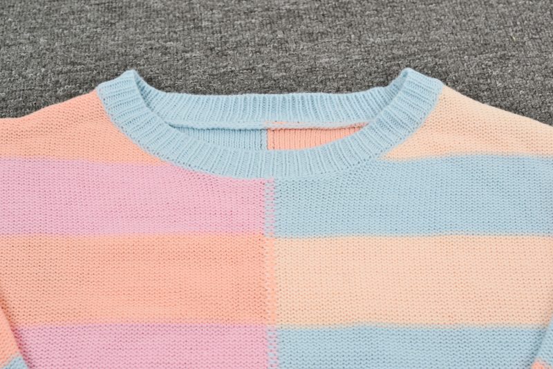Fall Women Clothing Patchwork Stripes Contrast Color round Neck Knitwear Pullover Sweater - Image 8