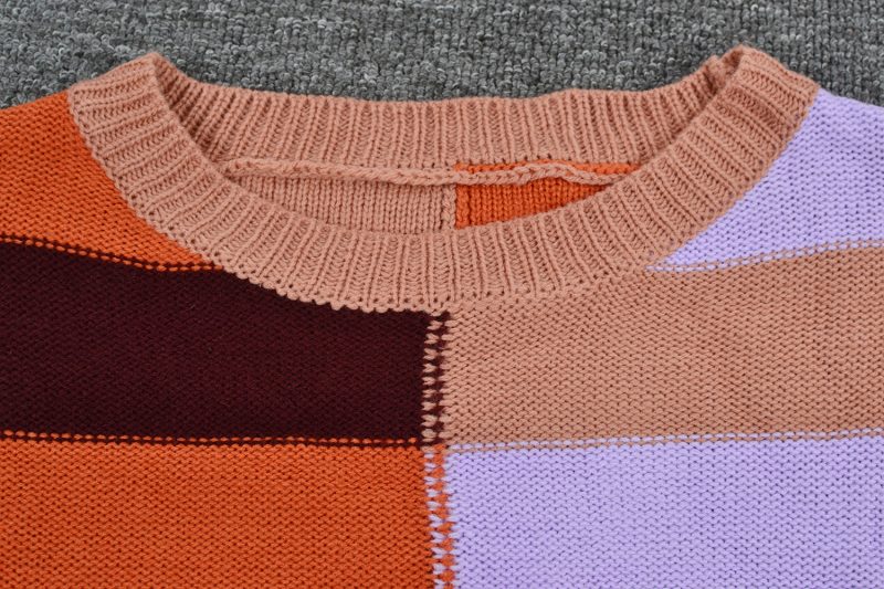 Fall Women Clothing Patchwork Stripes Contrast Color round Neck Knitwear Pullover Sweater - Image 9