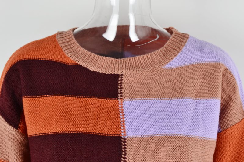 Fall Women Clothing Patchwork Stripes Contrast Color round Neck Knitwear Pullover Sweater - Image 12