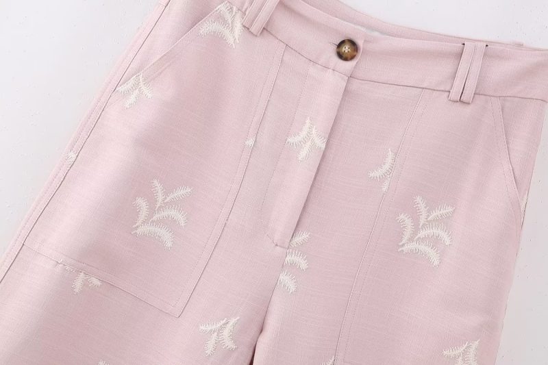 Summer Women Clothing Embroidered Linen Blended Short Vest Top Embroidered Casual Straight Leg Trousers - Image 5