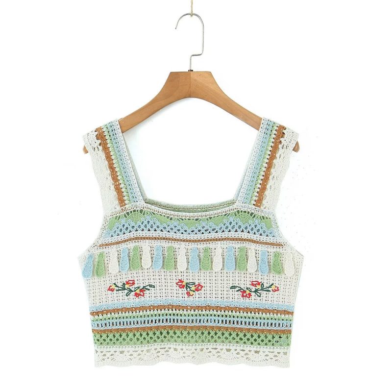 Summer Vintage Embroidery Tassel Suspender Short Camisole - Image 3